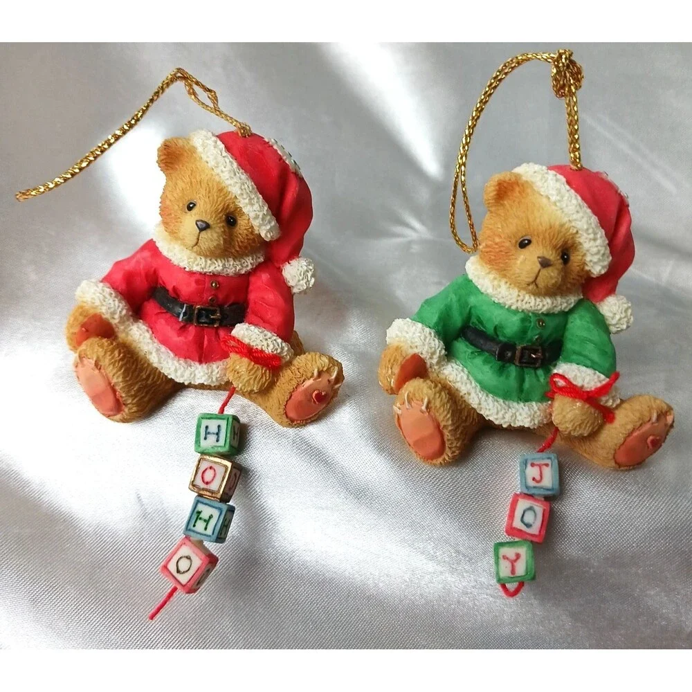 VINTAGE ENESCO CHERISHED TEDDIES BEAR ORNAMENT-SANTA WITH HO HO, JOY BLOCKS